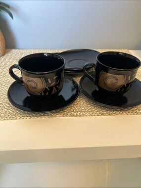 Arcoroc France Tampico Black Coffee Cups and Saucers Vintage